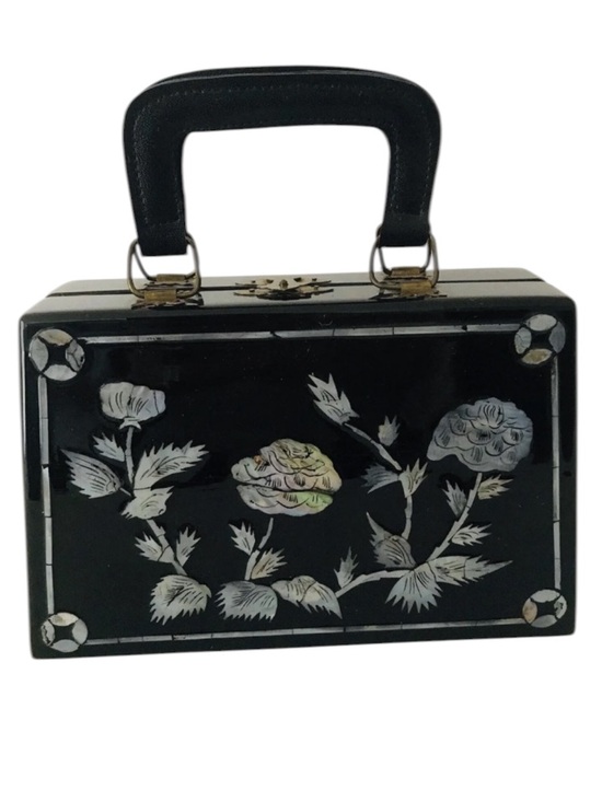 Vintage Handbags - Vintage Black Lacquer Box Purse with Inlaid MOP Roses Signed Ky Niem
